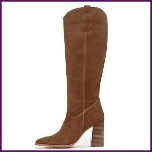 Knee High Suede Boots Pointed Toe Chunky Heel Side Zipper Wide Calf